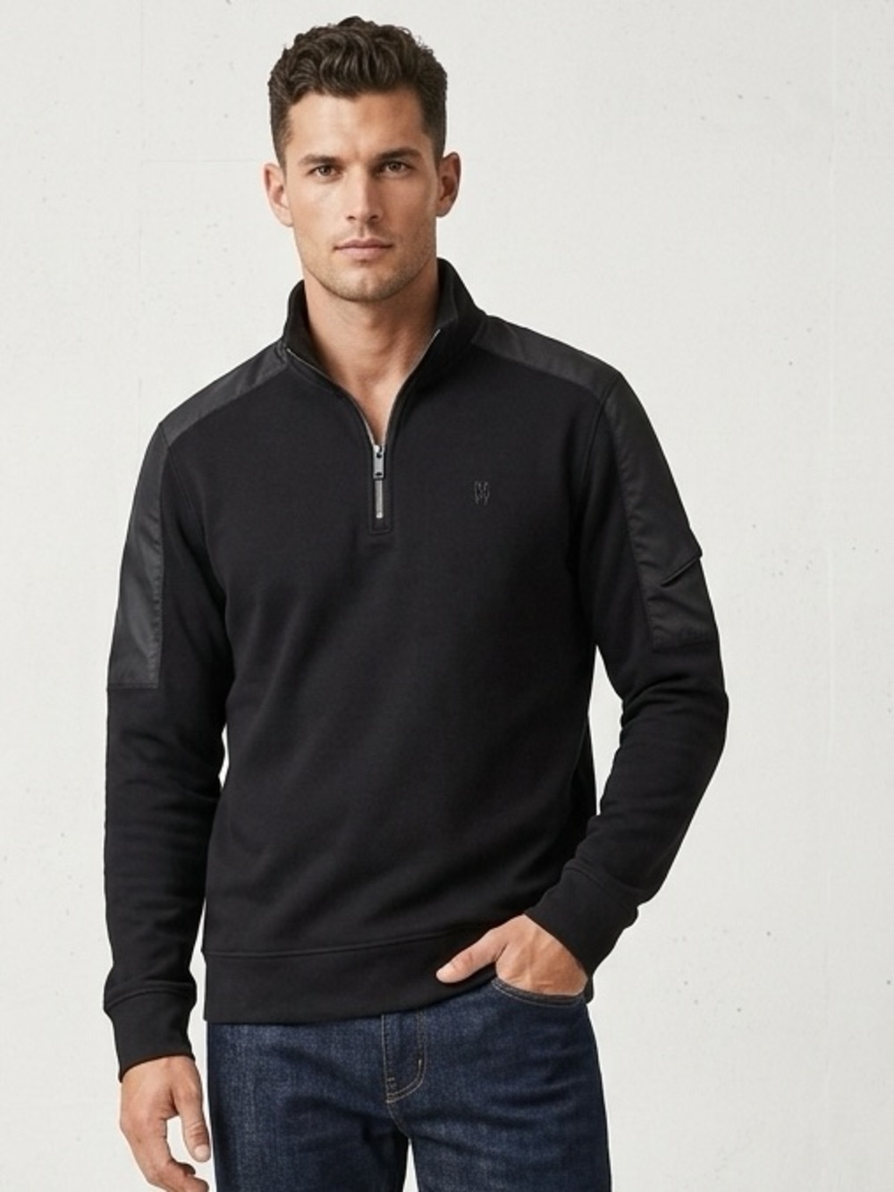 Dkny Black Men's Zip-Neck Pullover with Contrast Shoulder Panels